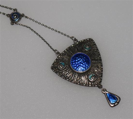 A George V Arts & Crafts silver & enamel pendant necklace by Charles Horner, Chester, 1911, 20.5in.